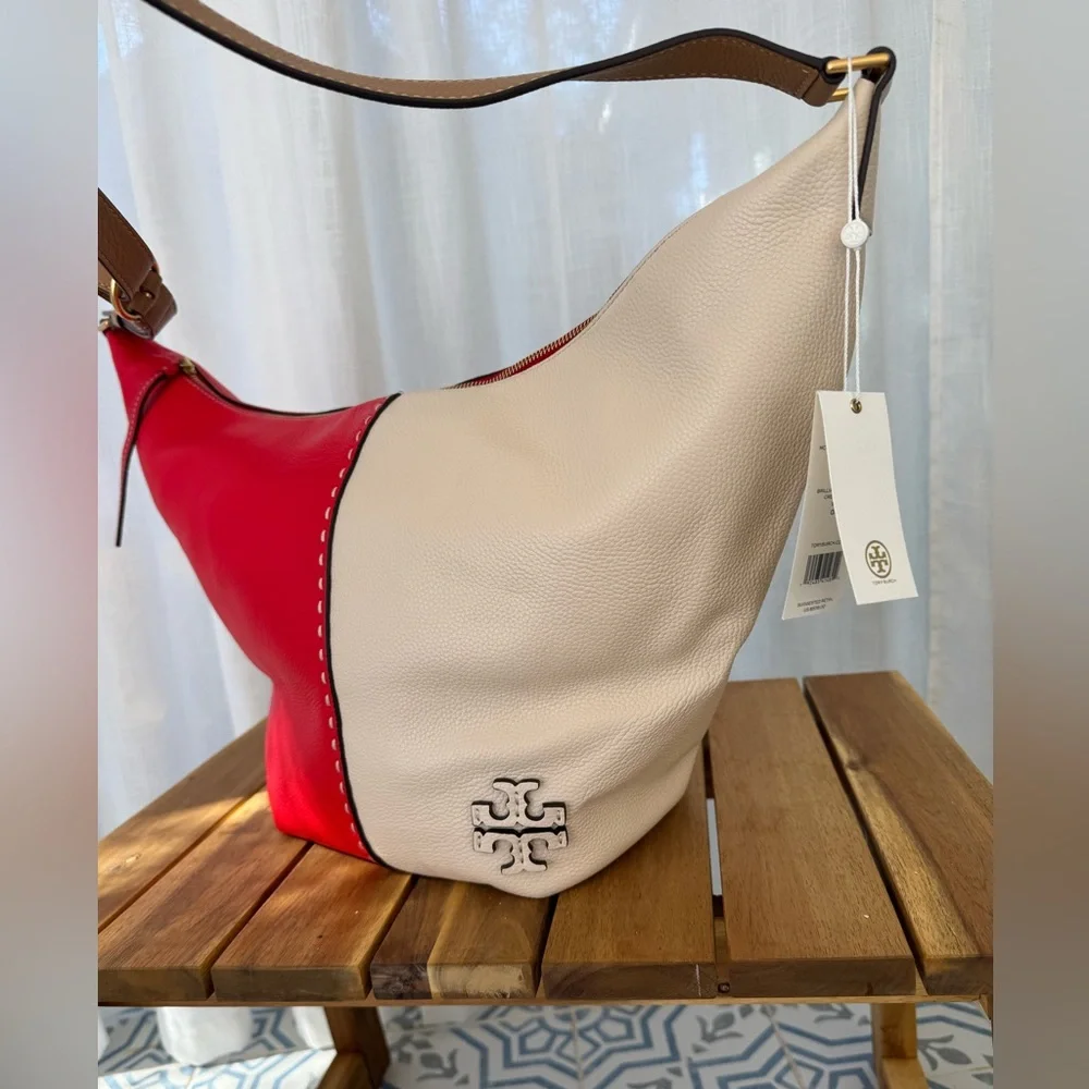 Tory Burch McGraw Colorblock Zip Bucket Bag Brilliant Red New Cream Leather Hobo